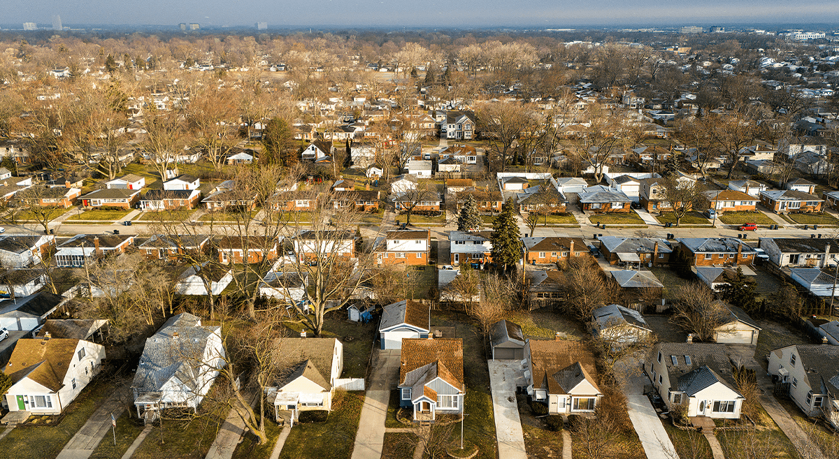 Aerial view of a suburban neighborhood