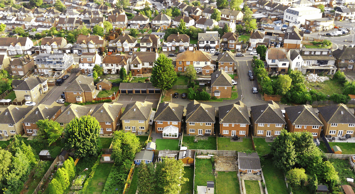 Aerial view of a suburban neighborhood