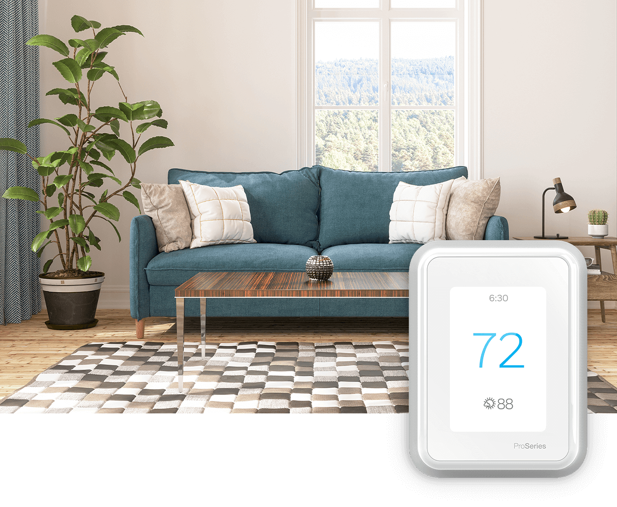 A bright living room with a serene mountain view out the window; a thermostat image is in the foreground