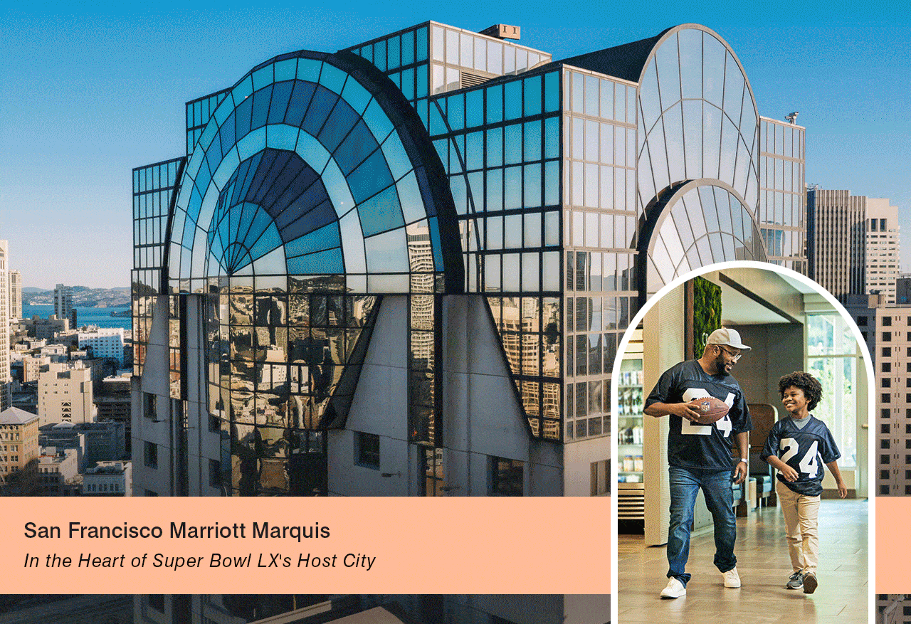 Animated gif rotating through four different Marriott Bonvoy properties for different sports fans.