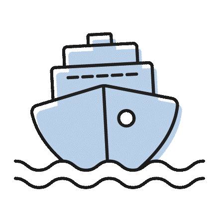 Front view illustration of a cruise ship with a blue background, sailing on stylized waves. The design is minimalist and evokes a calm, nautical theme.