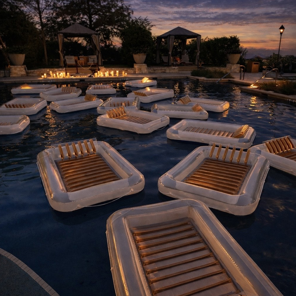 Inflatable lounge floats drift in the softly lit pool at JW Marriott San Antonio at dusk, surrounded by candles and cabanas.