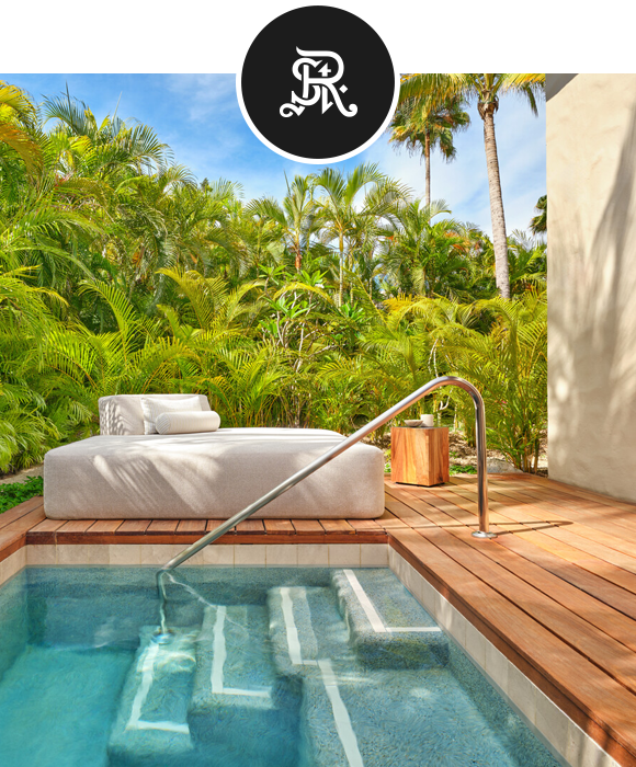 Private plunge pool with daybed and wooden deck, surrounded by lush tropical greenery.