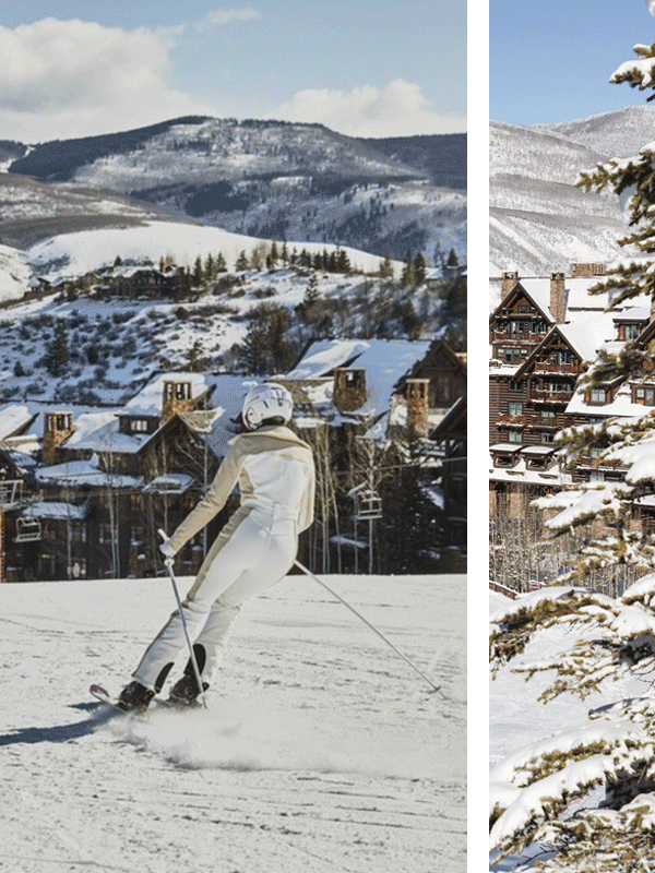 Slideshow of a person skiing and an indoor fireplace in a smowy, winter setting.
