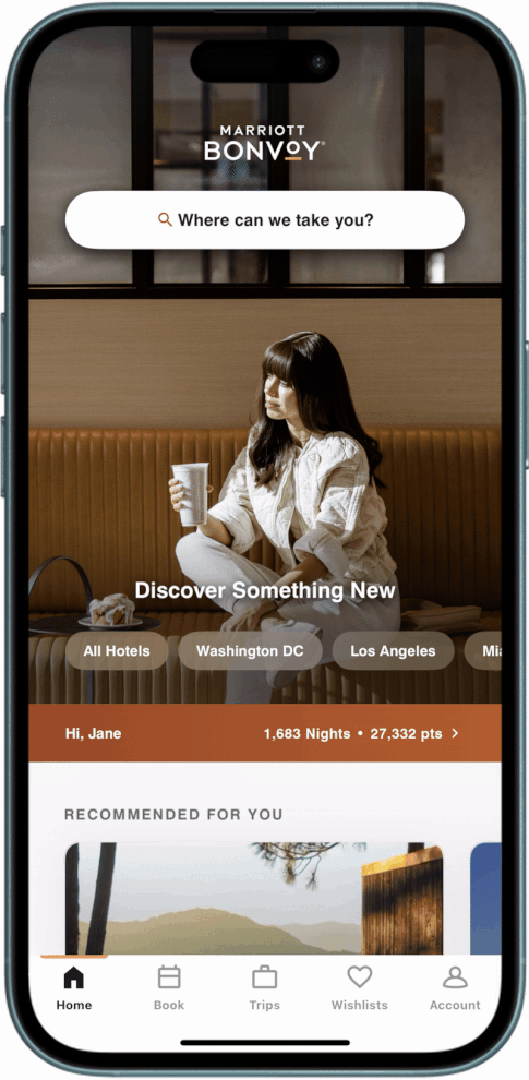 Animated gif the general features of the Marriott Bonvoy App.