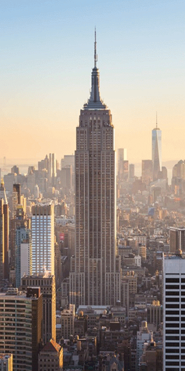 New York City skyline and hotel room.