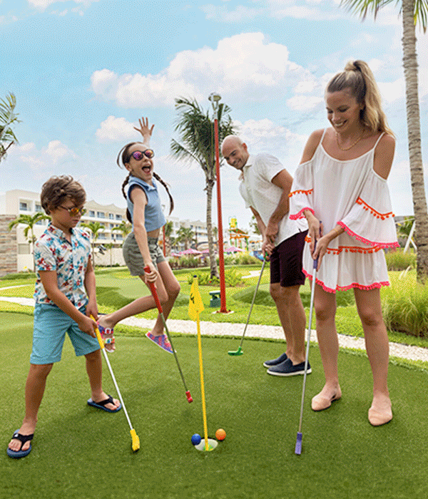 Animation featuring lifestyle imagery of families participating in activities at Marriott Bonvoy all-inclusive properties.