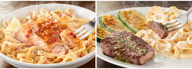 Citrus Glazed Salmon and Sirloin with Fettuccine Alfredo