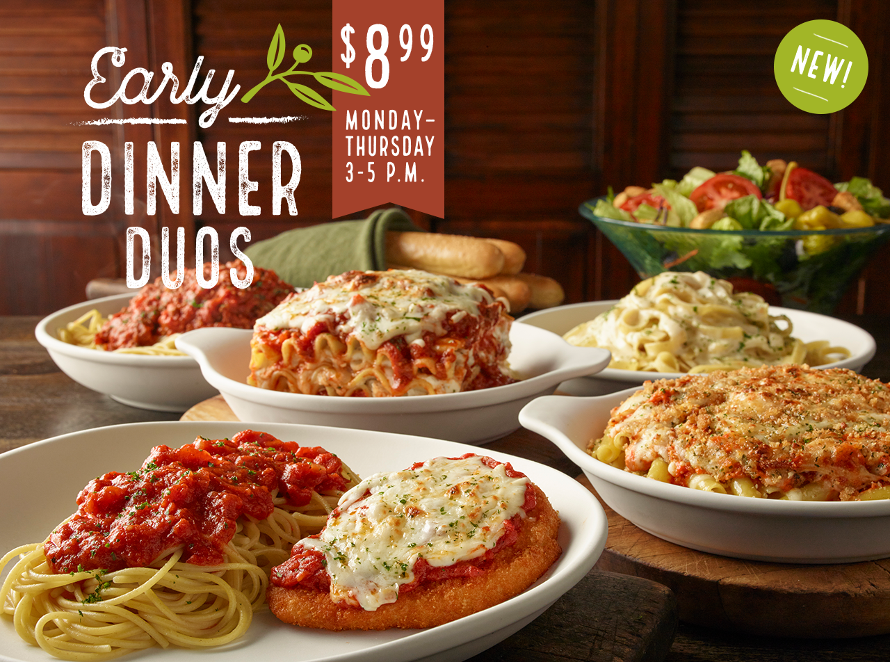 Early Dinner Duos$8.99 Monday-Thursday3-5 P.M. 