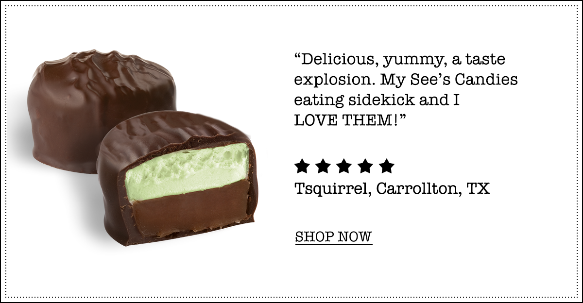 “Delicious, yummy, a taste explosion. My See’s Candies eating sidekick and I LOVE THEM!” ***** Tsquirrel, Carrollton, TX -- SHOP NOW