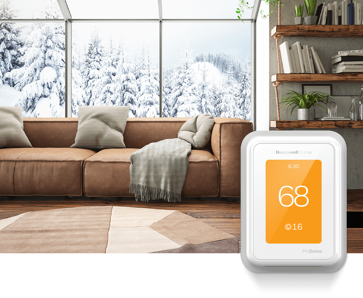 modern living room is adorned with neutral colors and a window showcasing a winter landscape. In the foreground, a Honeywell Home thermostat shows 70 degrees.