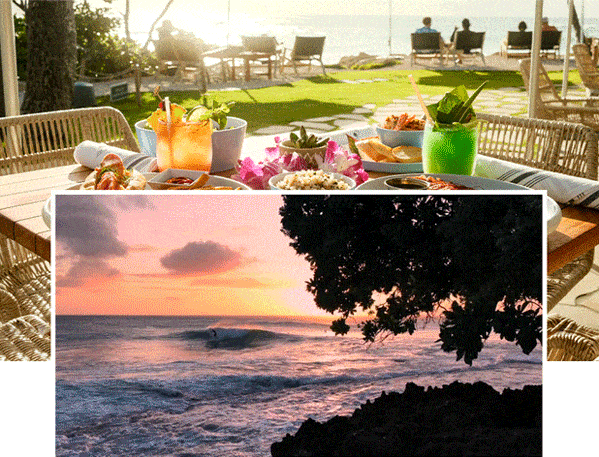 Animated GIF of the beach and restaurant at The Ritz-Carlton, O'ahu, Turtle Bay, Hawaii.