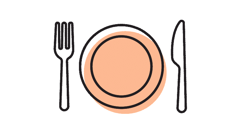 Animated plate, fork and knife illustration.