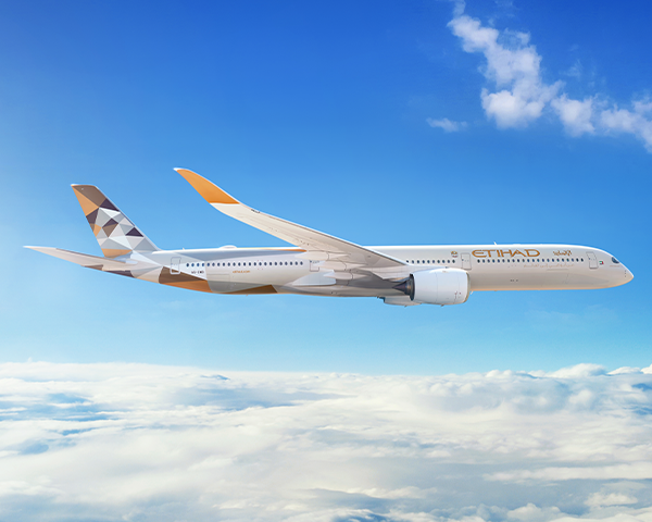 Aerial view of Etihad Airways plane in the skies.