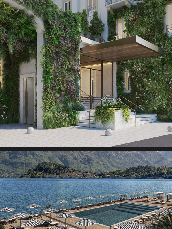 Split image: Top shows the front entrance of the Lake Como EDITION. The bottom image shows the pool with a view of the lake in the background.