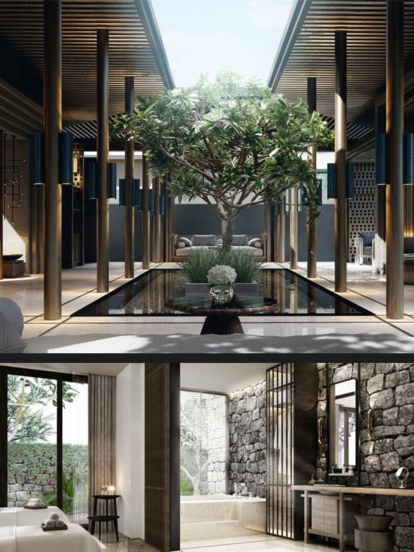 Split image: Top shows the hotel lobby with a fountian and tree in the center. The bottom image shows the spa with a tranquil environment.