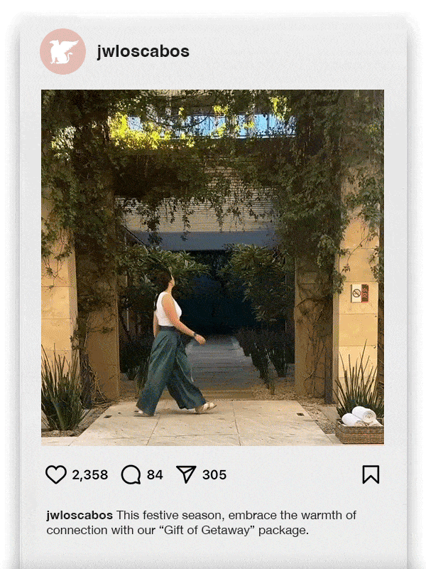 Instagram reel animated gif of woman walking through different scenes at JW Marriott Los Cabos Beach Resort and Spa.