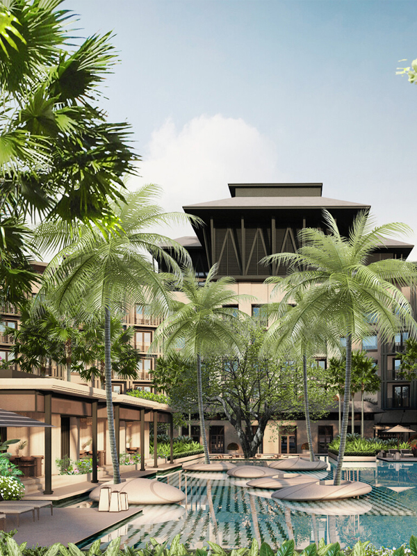 Luxurious tropical resort showcasing a serene pool surrounded by tall palm trees and lush greenery.