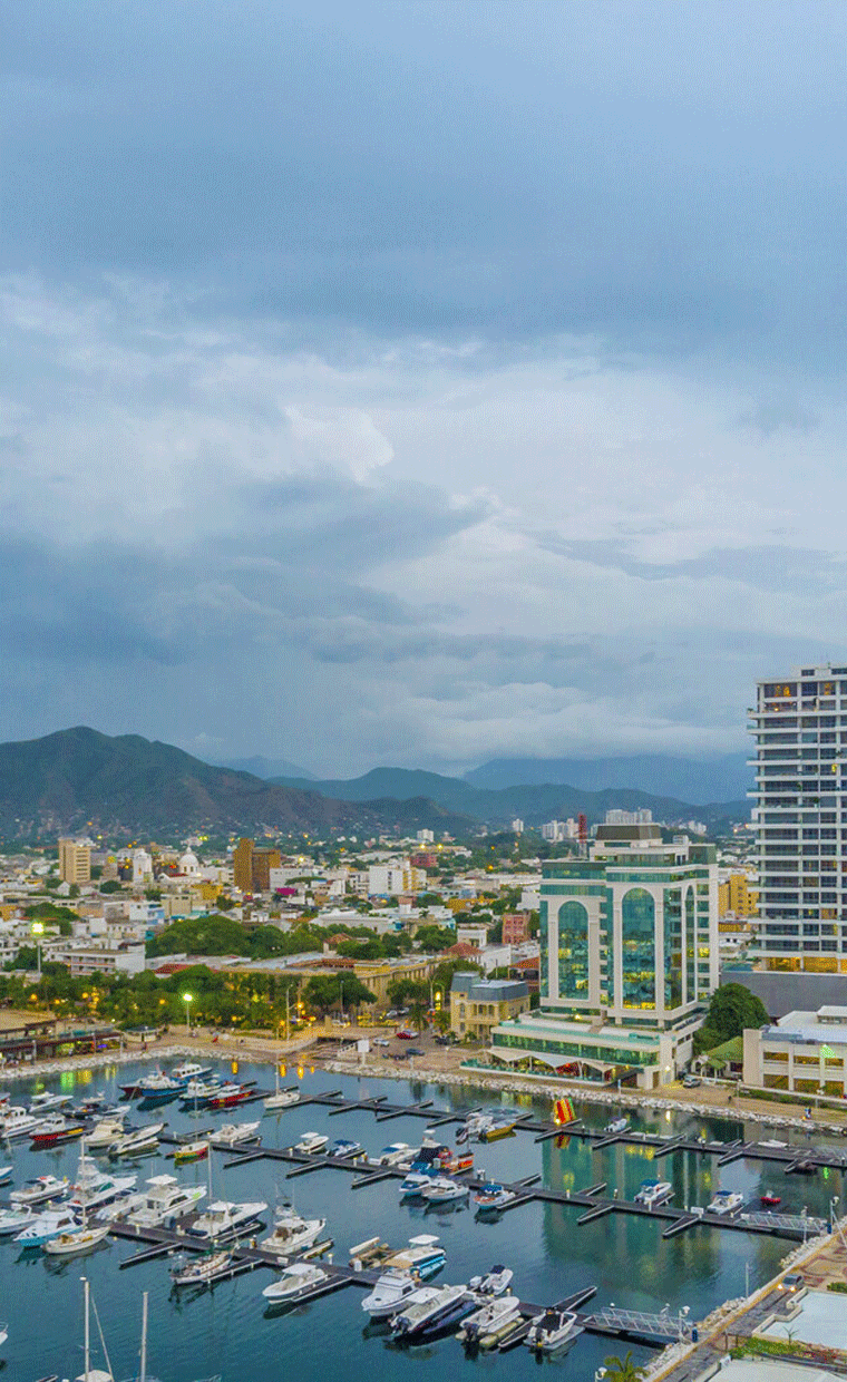 Harbor and city skyline in Colombia.