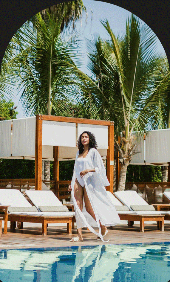 Animated GIF of a woman walking poolside and the hotel view of Hotel Paracas, a Luxury Collection Resort.