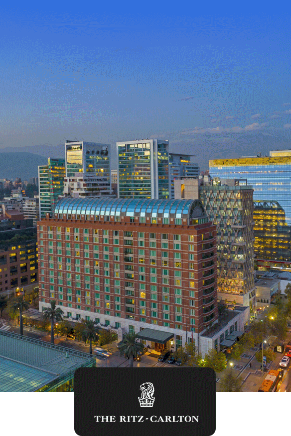 Animated GIF of a woman in the pool and the exterior of The Ritz-Carlton Santiago.