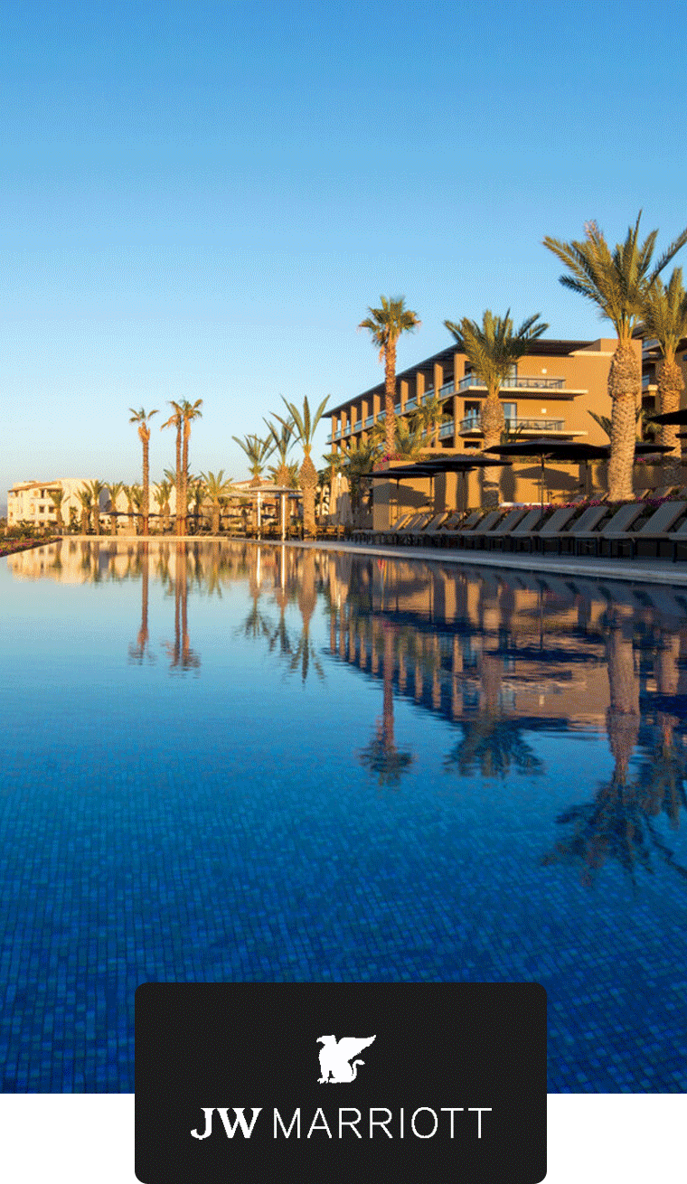 Animated GIF of a couple on the beach and the exterior of JW Marriott Los Cabos.