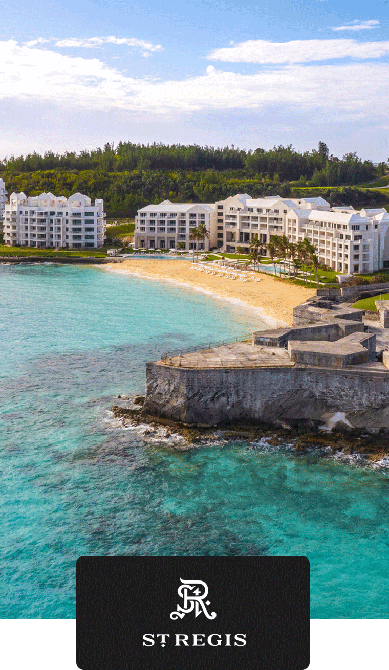 Animated GIF of woman in blue dress lounging on stairs and the exterior view of the St. Regis Bermuda.