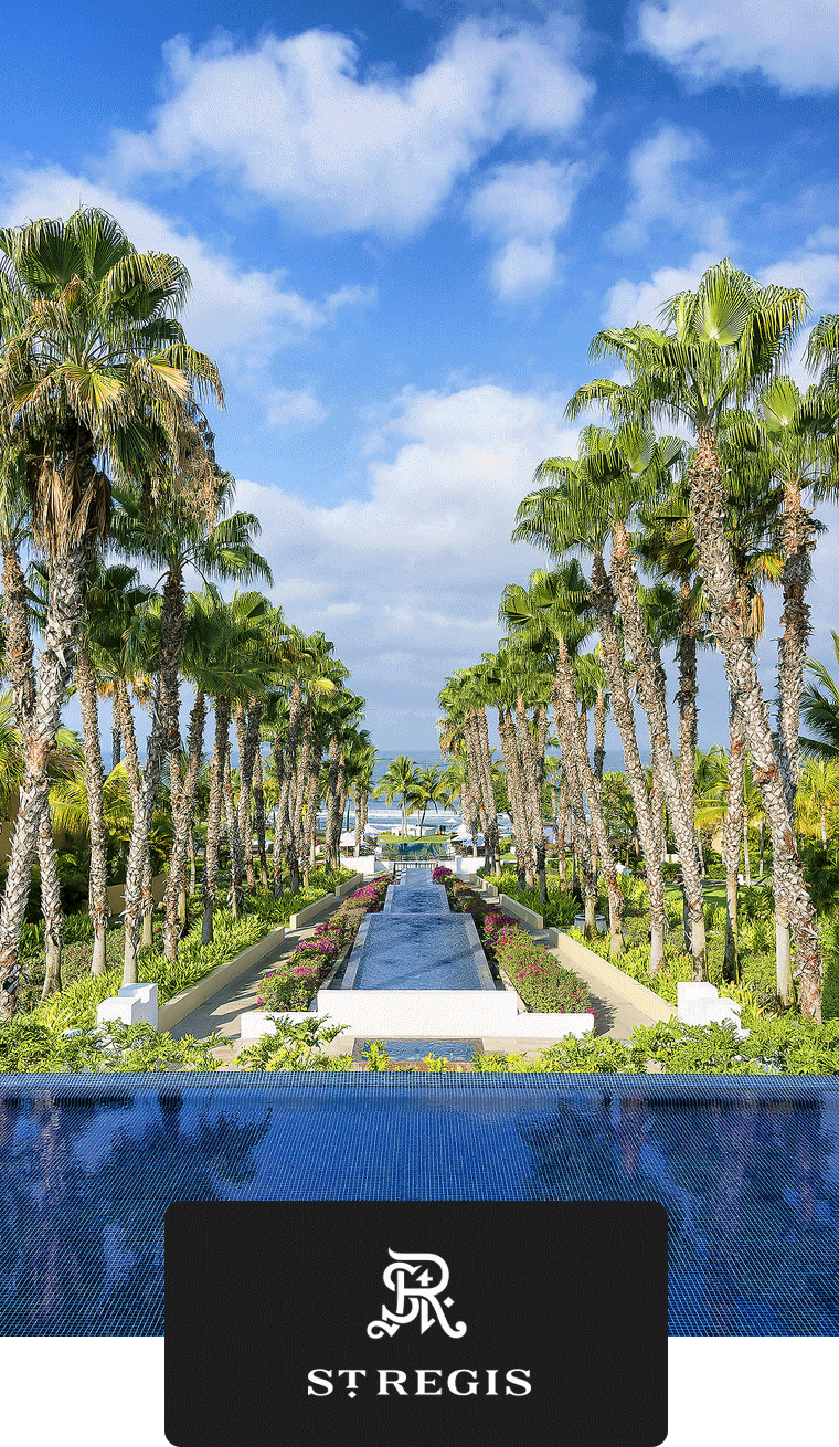 Animated GIF of a couple by a campfire on the beach and a pool lined by palm trees.