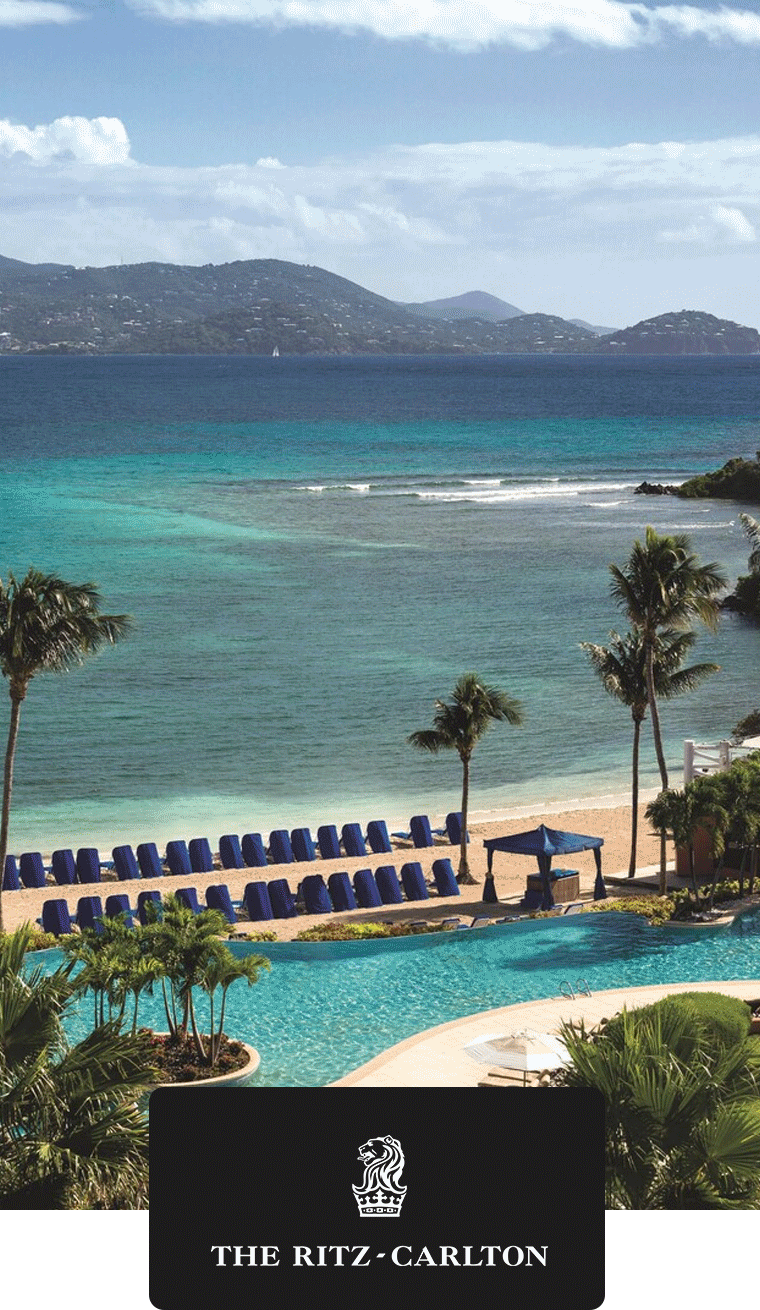 Animated GIF of a woman standing on a balcony and the pool and sea view of the Ritz-Carlton St. Thomas.