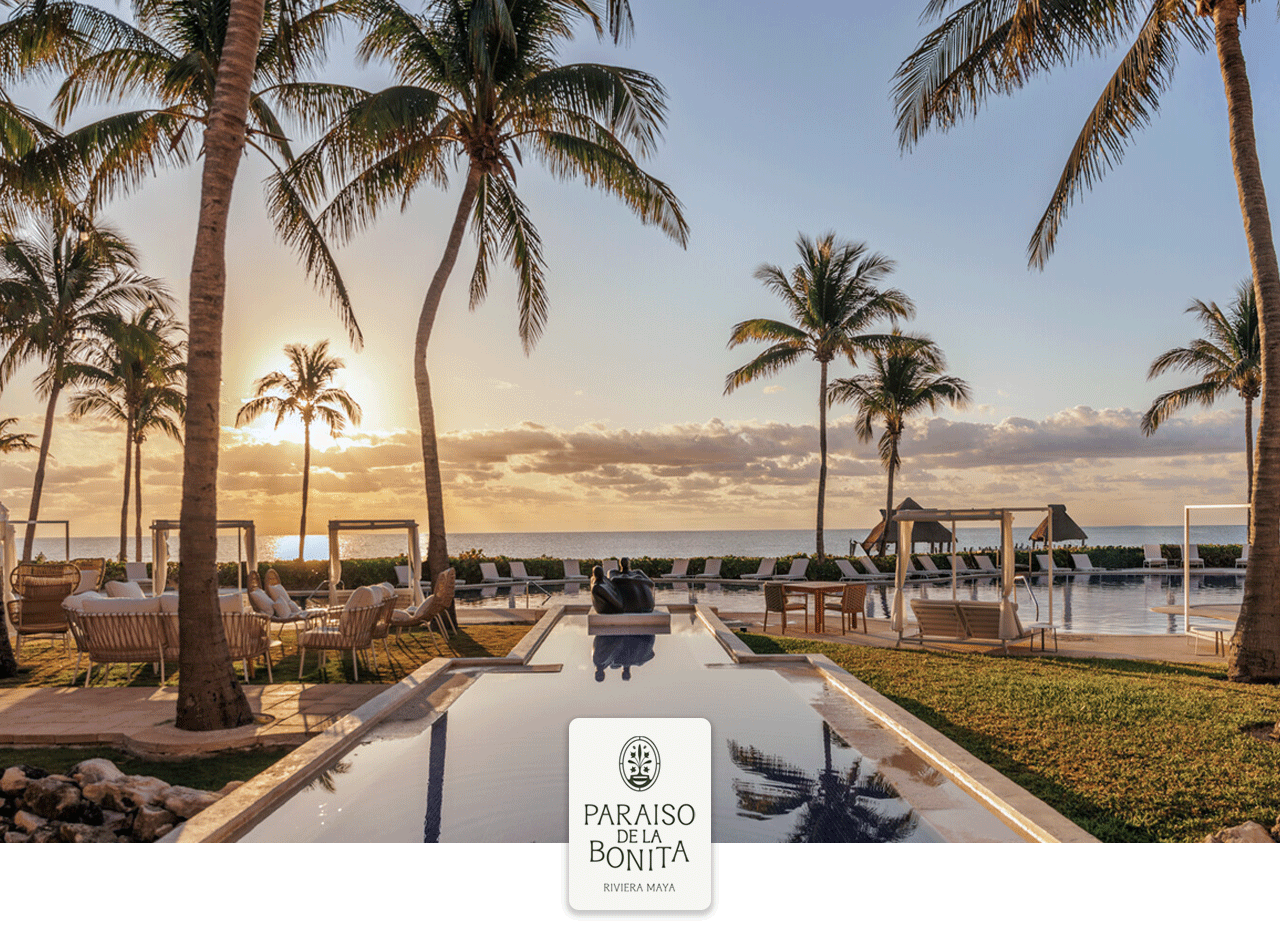 Sunset view by the outdoor pool at Paraiso de la Bonita, a Luxury Collection Resort, Riviera Maya.