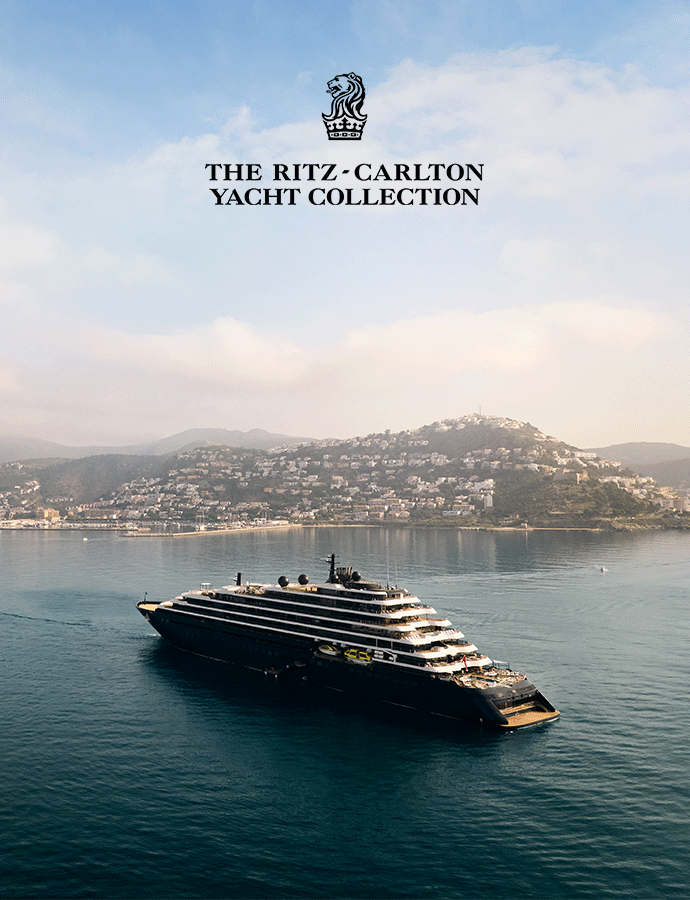 The Ritz-Carlton Yacht Collection logo overlaying the superyacht, Ilma, on a European sea voyage.