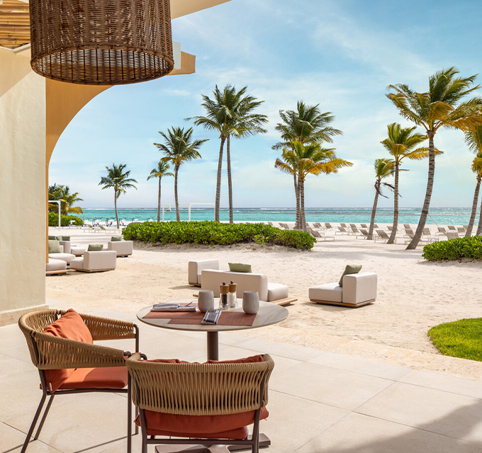 Oceanfront view of outdoor dining area.