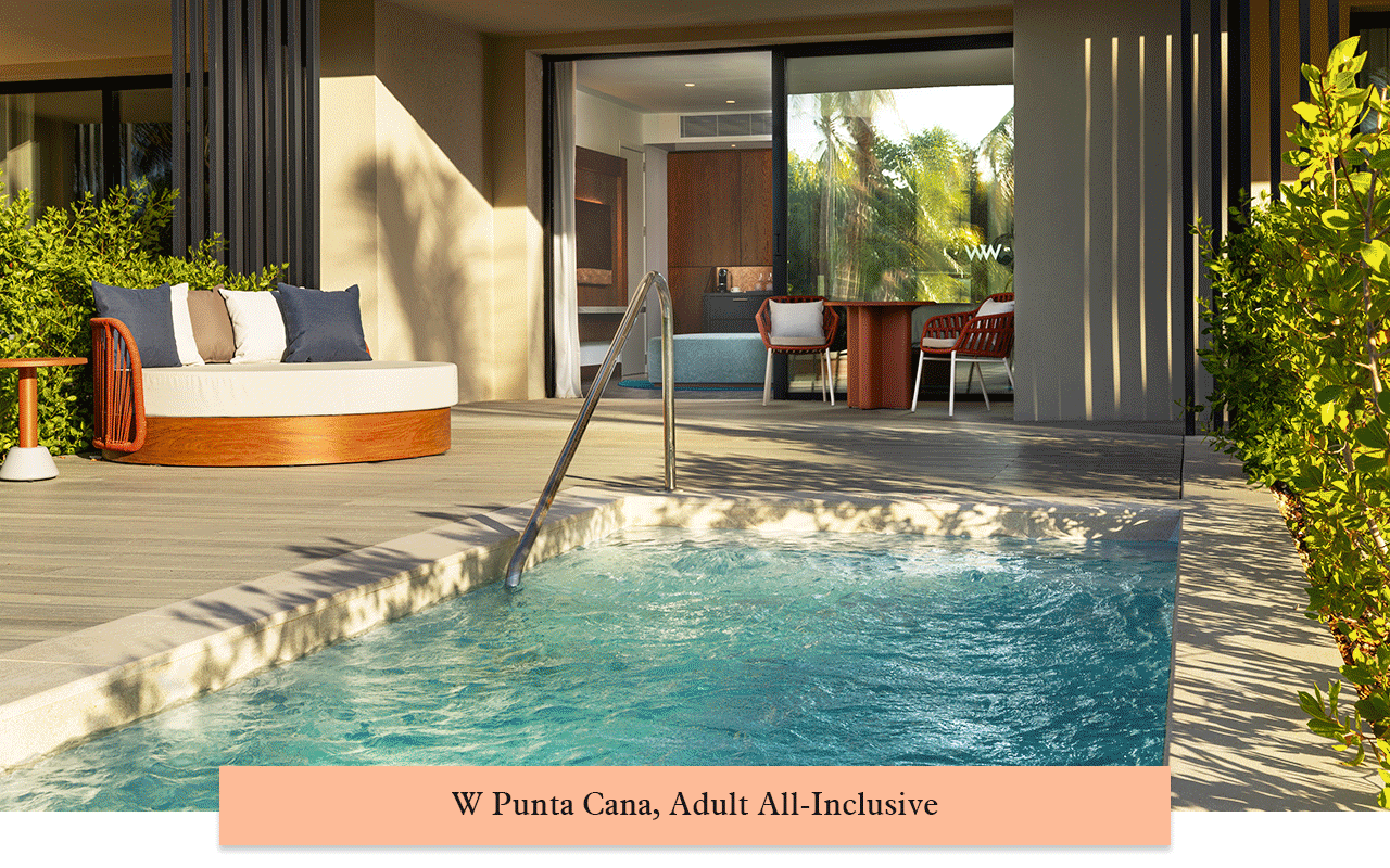 Animated carousel gif showing Salterra, a Luxury Collection Resort and Spa, South Caicos; Clevia, San Miguel de Allende, Autograph Collection; and W Punta Cana.