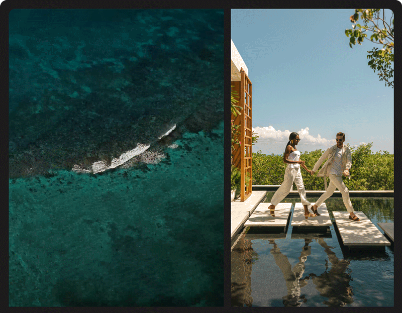 Split-screen GIF animation of exterior views of The St. Regis Kanai Resort, Riviera Maya paired with an image of a man and woman walking across a water walkway.