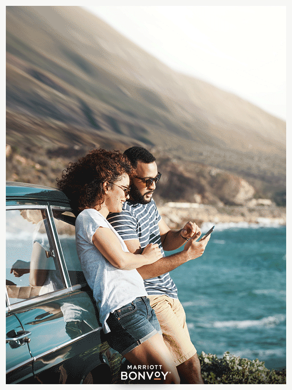 Animated gif showing the features of the Marriott Bonvoy Road Trip Planner in the mobile app.
