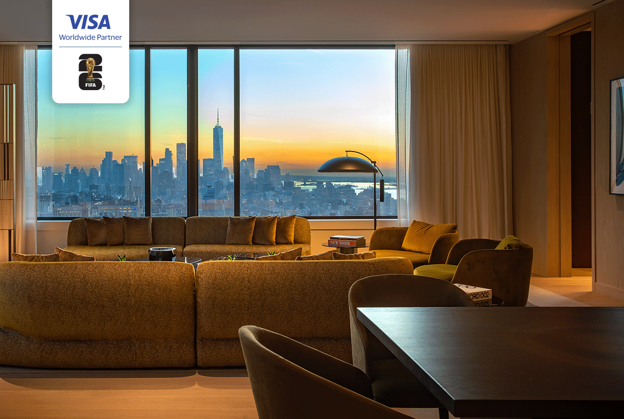 Animated GIF of New York City and interior luxury suite views.
