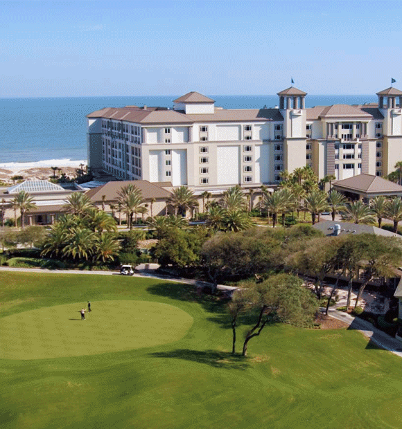 Animated GIF of a hotel exterior and a father and son golfing.