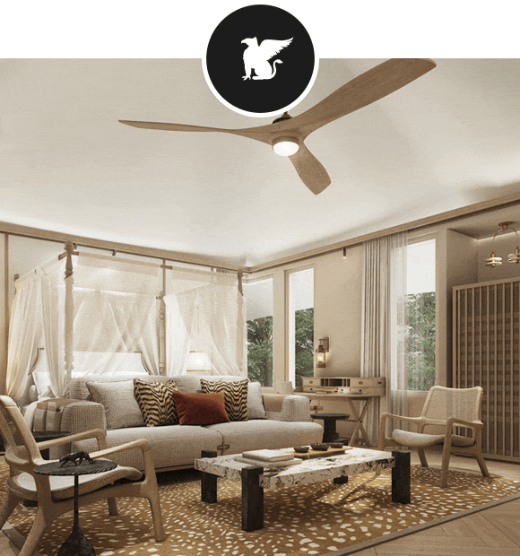Animated GIF: Bright living room with beige sofa, patterned rug, coffee tables, and large windows followed by a lounge room with stone windows and wall mural of leopards.
