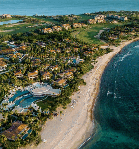 Animated GIF of a persion on a tennis court and an aerial view of a hotel along the beach.