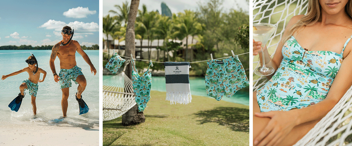 A family of three at the beahc: Father and son on shore, tropical clothesline of swimsuits, and a woman lounging in hammock holding drink.