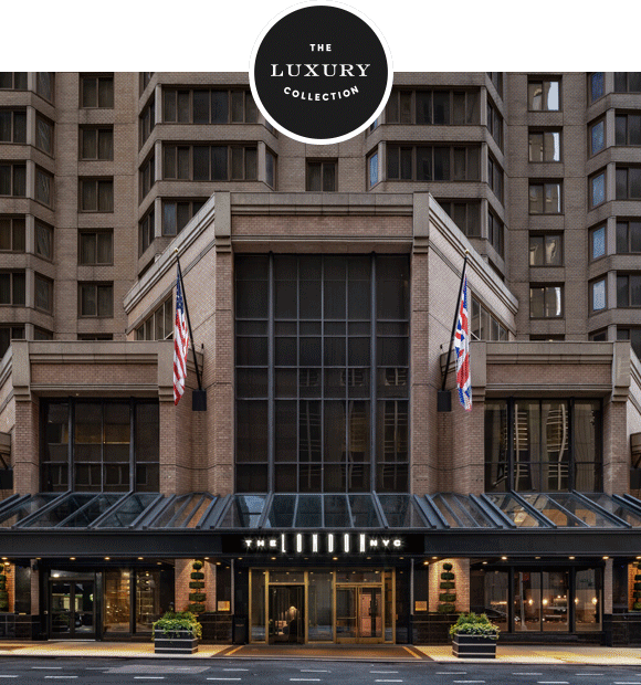 Animated GIF: Hotel bar interior with stools, warm lights, and colorful landscape wall painting followed by a hotel exterior in New York City.