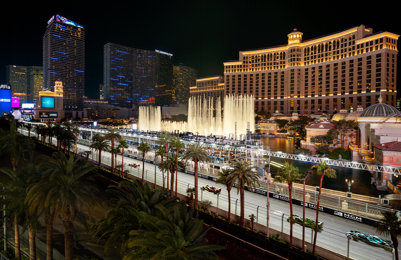 Nighttime view of the trackside seats of the exclusive Hot Lap experience.