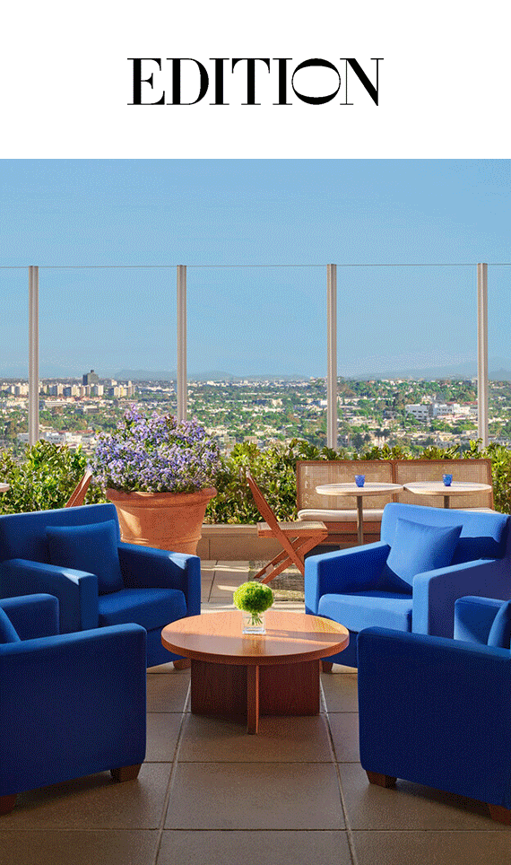 Animated GIF of lounge chairs by the pool and an outdoor seating area of the hotel.