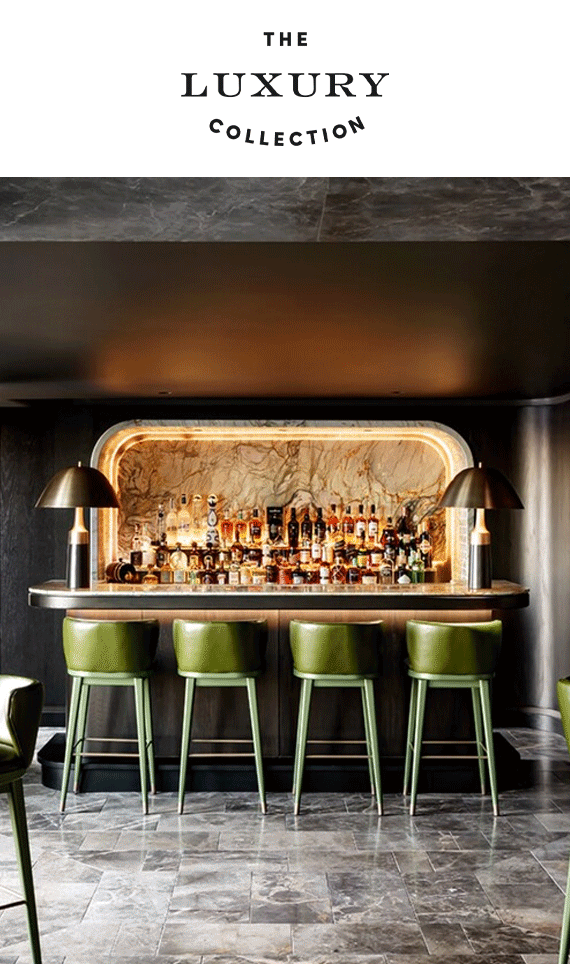 Animated GIF of the interior of the hotel bar and living room of a suite.