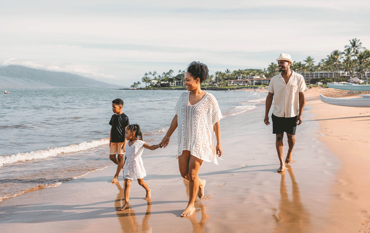 Animation showing lifestyle imagery of a family on the beach and a woman walking through Central Park in New York City.