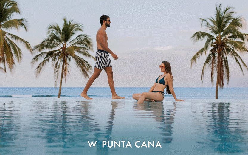 Animation showing the pool, suites, and beach at W Punta Cana hotel.