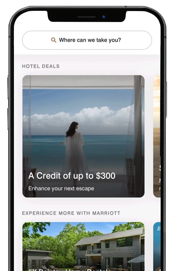 Animated gif the general features of the Marriott Bonvoy App.