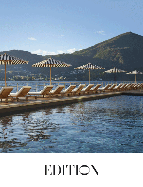 Animated GIF of beach chairs on the water in Lake Como, a paio table with food, and a bed in a suite with a view.