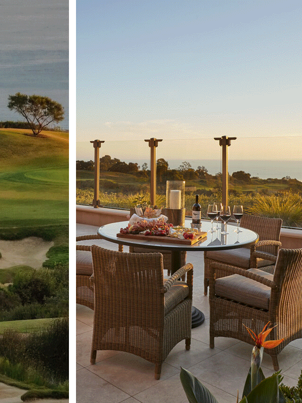 Left: a scenic hilltop landscape. Right: Animated GIF of a living room with high ceilings, a pool with lounge chairs and palm trees, and a patio table overlooking the sunset.