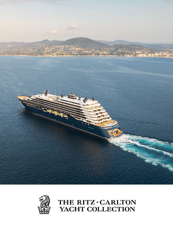 Animating GIF of a yacht on the water, a couple in a hot tub on the yacht, and a couple overlooking scenic views.